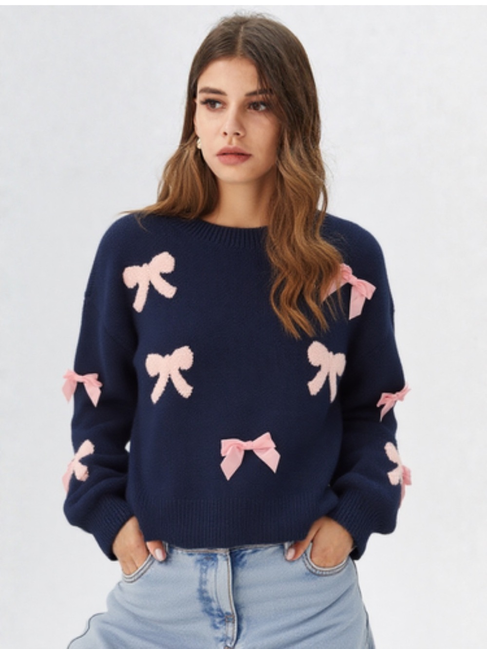 Maeve Navy Crewneck Sweater with Pink Bow Accents